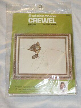 NEW Columbia-Minerva Crewel Embroidery Kit Chessie Cat Stamped Linen & Wool Yarn